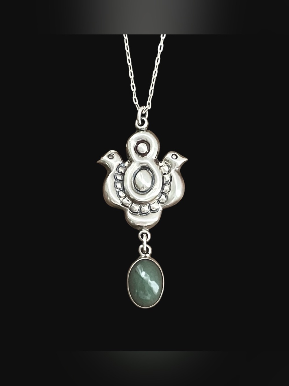 Vintage Pre 1948 Mexican Sterling Silver Green Onyx Cabochon Pendant
